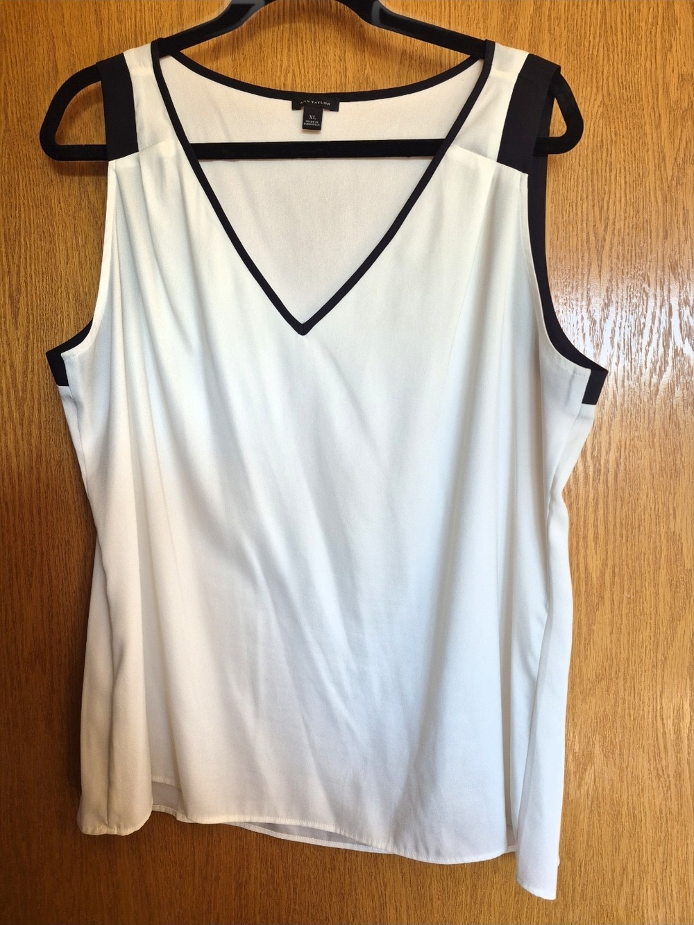 Ann Taylor Ivory V-Neck Sleeveless Blouse with Black Trim
